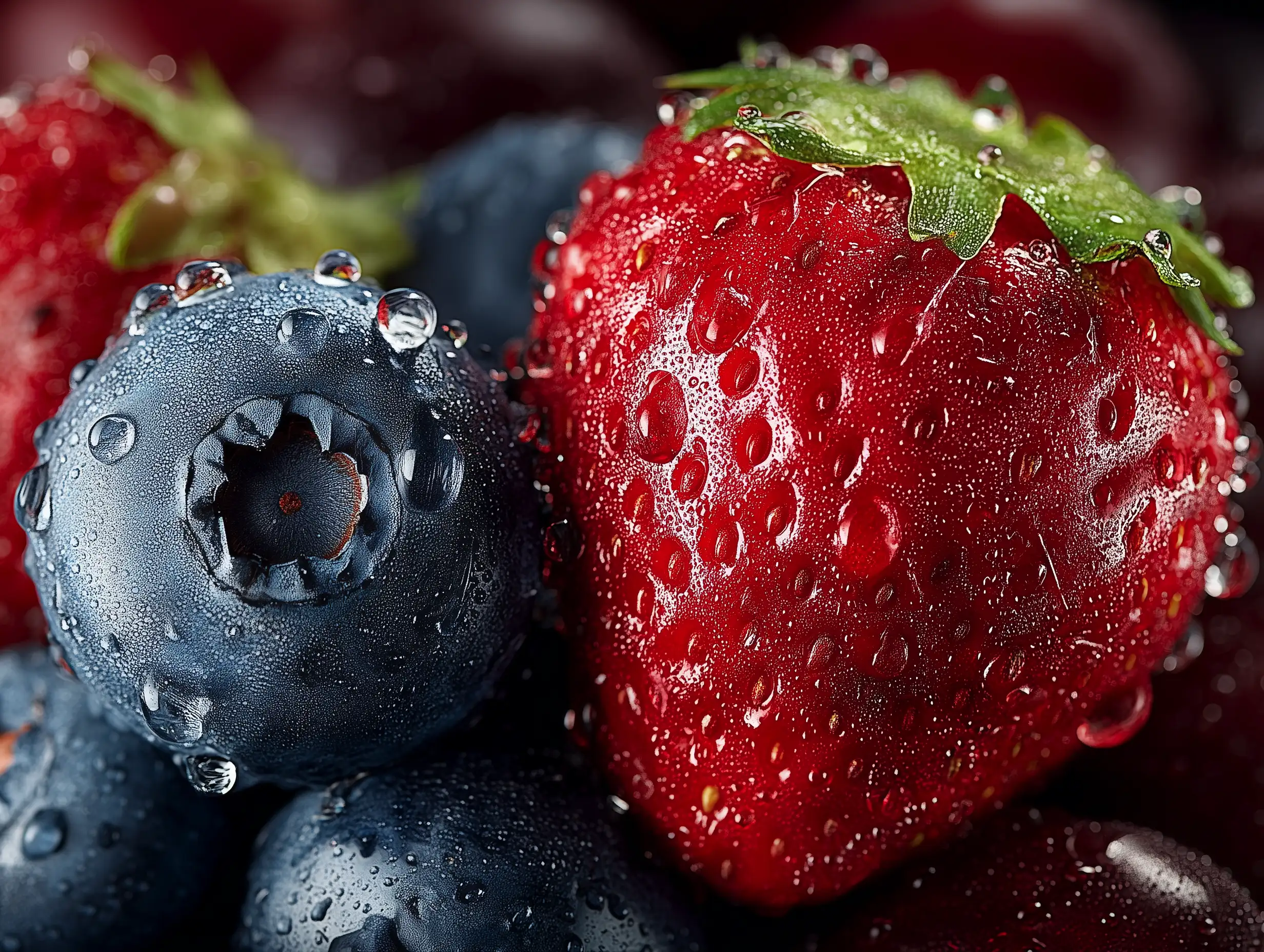 Macro food photo of fresh blueberries and strawberries with visible water droplets, natural texture, crisp color accuracy, soft daylight from side window, photography realism