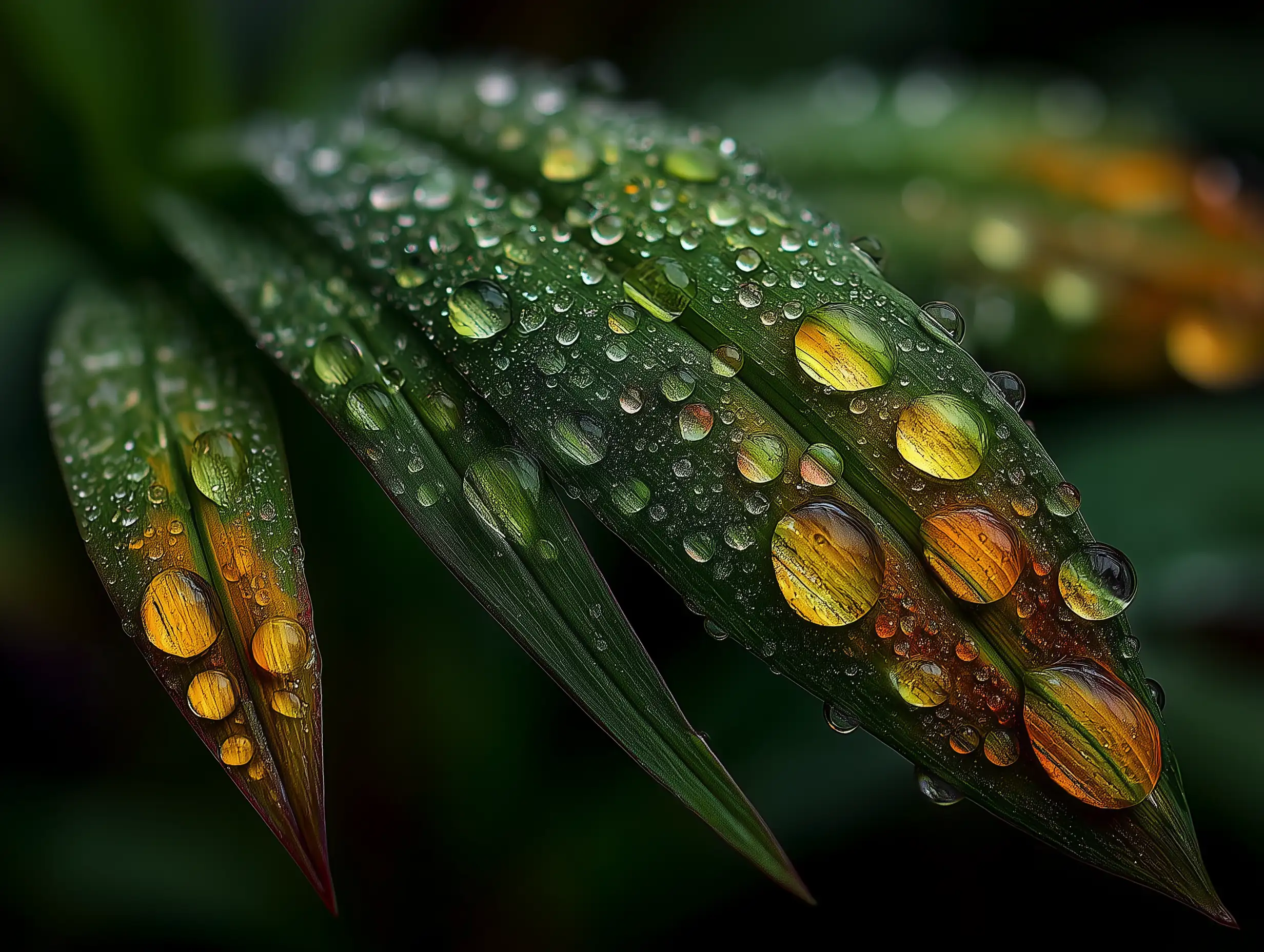 A macro-shot of morning dew drops on green blades of grass, extreme sharpness, bokeh background, natural sunlight sparkle