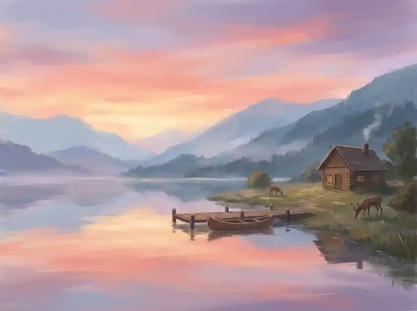 A tranquil lakeside at sunset with misty mountains in the background, soft pastel colors, gentle lighting, serene and calming digital painting style.