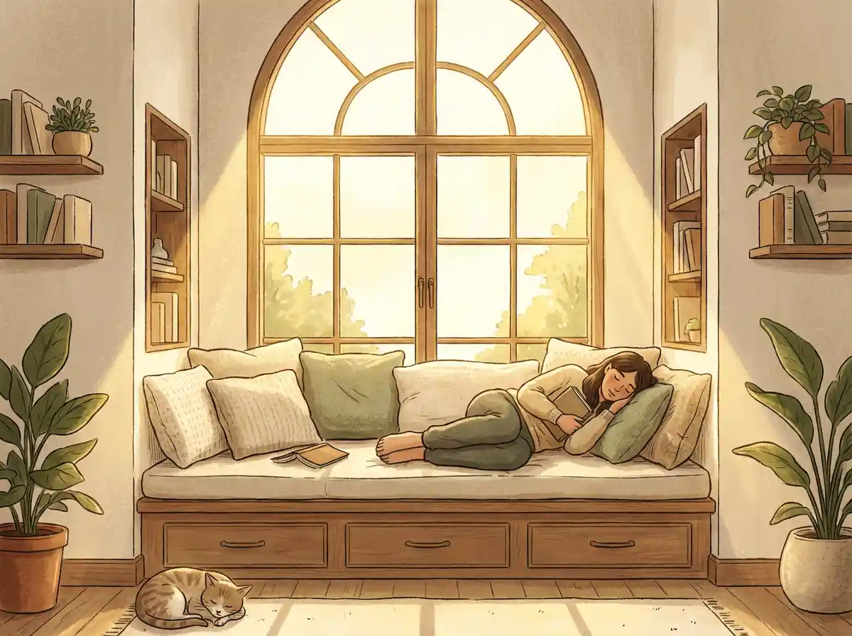 A cozy reading nook with warm sunlight streaming through a window, soft cushions, minimalistic interior, calming illustration style.