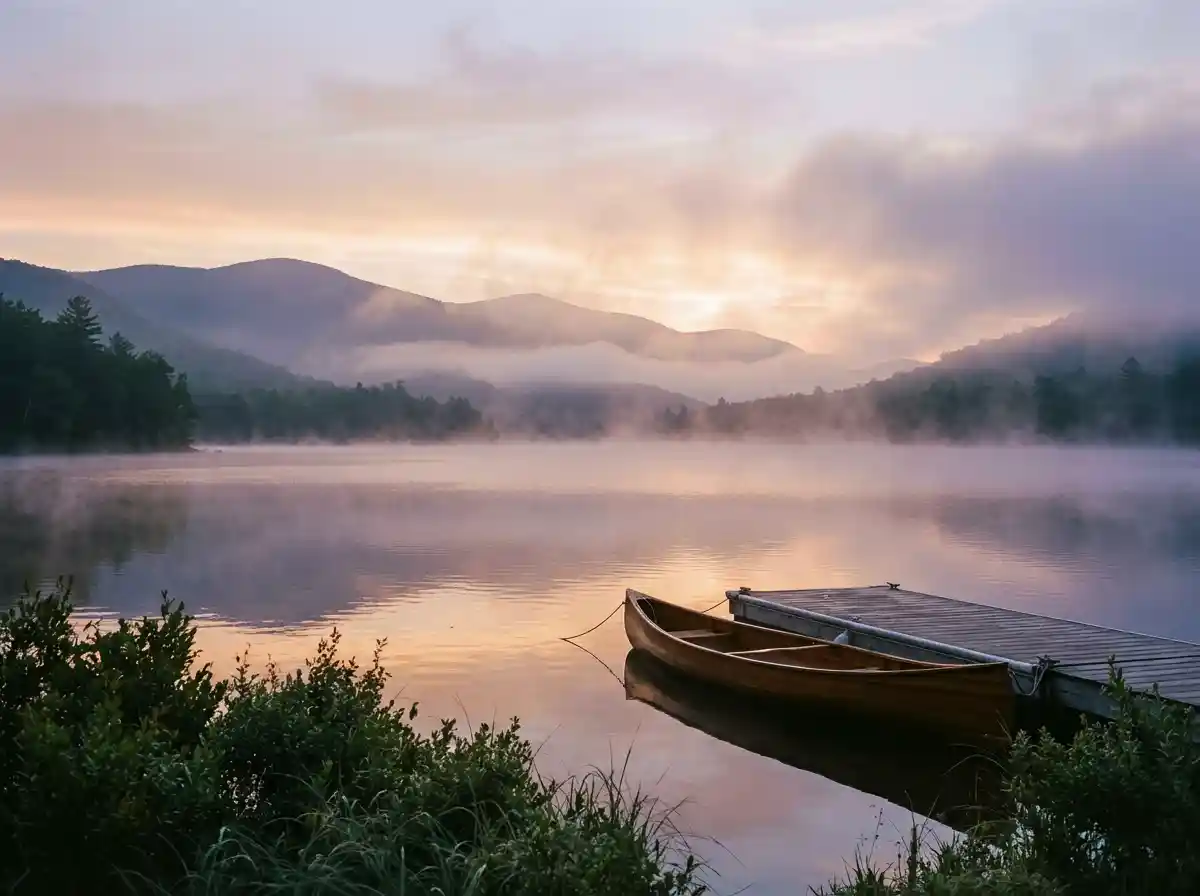 A serene lakeside at sunrise with misty mountains, soft pastel colors, gentle light, calming atmosphere