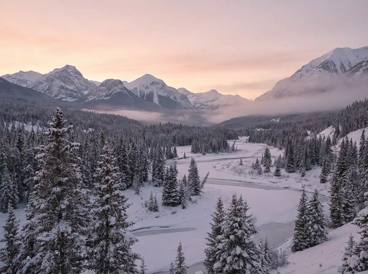 A snow-covered mountain valley at dawn, soft lighting, quiet and serene winter landscape