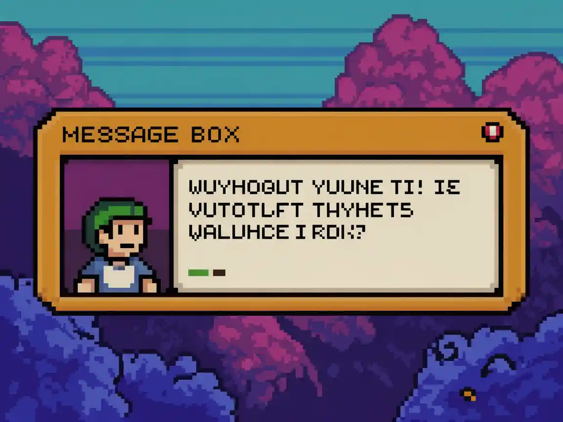 픽셀 아트 메시지 박스: 고전 JRPG의 레트로 16비트 픽셀 아트 스타일의 대화 상자로 유머러스한 텍스트 답장을 표시하며, 왼쪽에 작은 픽셀화된 캐릭터 아바타, 활기찬 아케이드 색상.