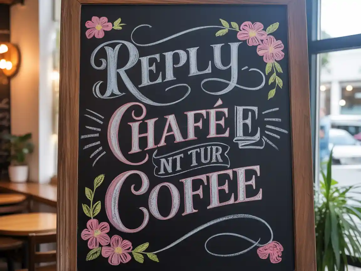 칠판 아트: 먼지 낀 흰색과 파스텔 색연필로 손으로 쓴 재치 있는 타이포그래피 답장을 담은 정교한 카페 칠판, 꽃무늬 칠판 낙서와 함께, 근처 창문에서 부드러운 자연광.