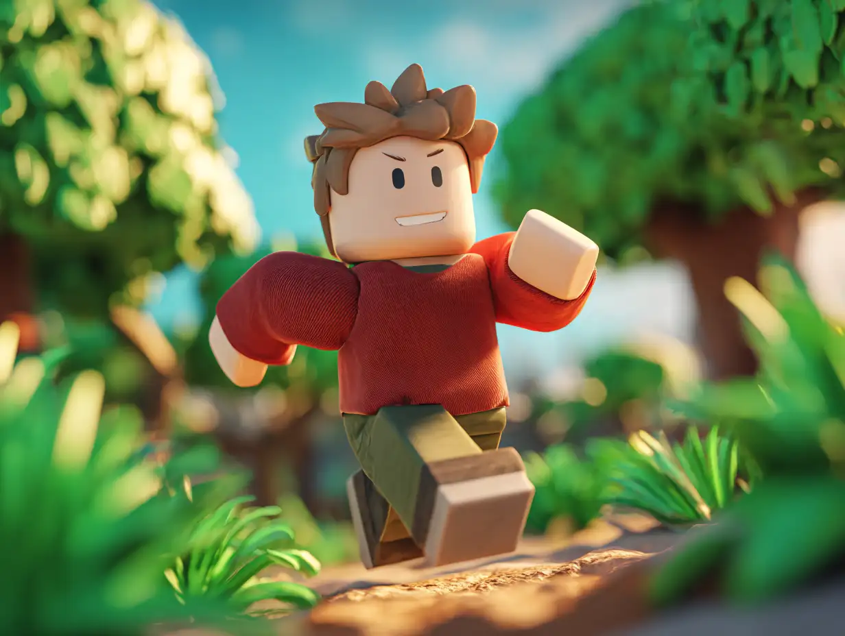 Roblox 风格的方块角色在游戏世界中奔跑,简单动画般的姿势,明亮照明,活泼的动作场景