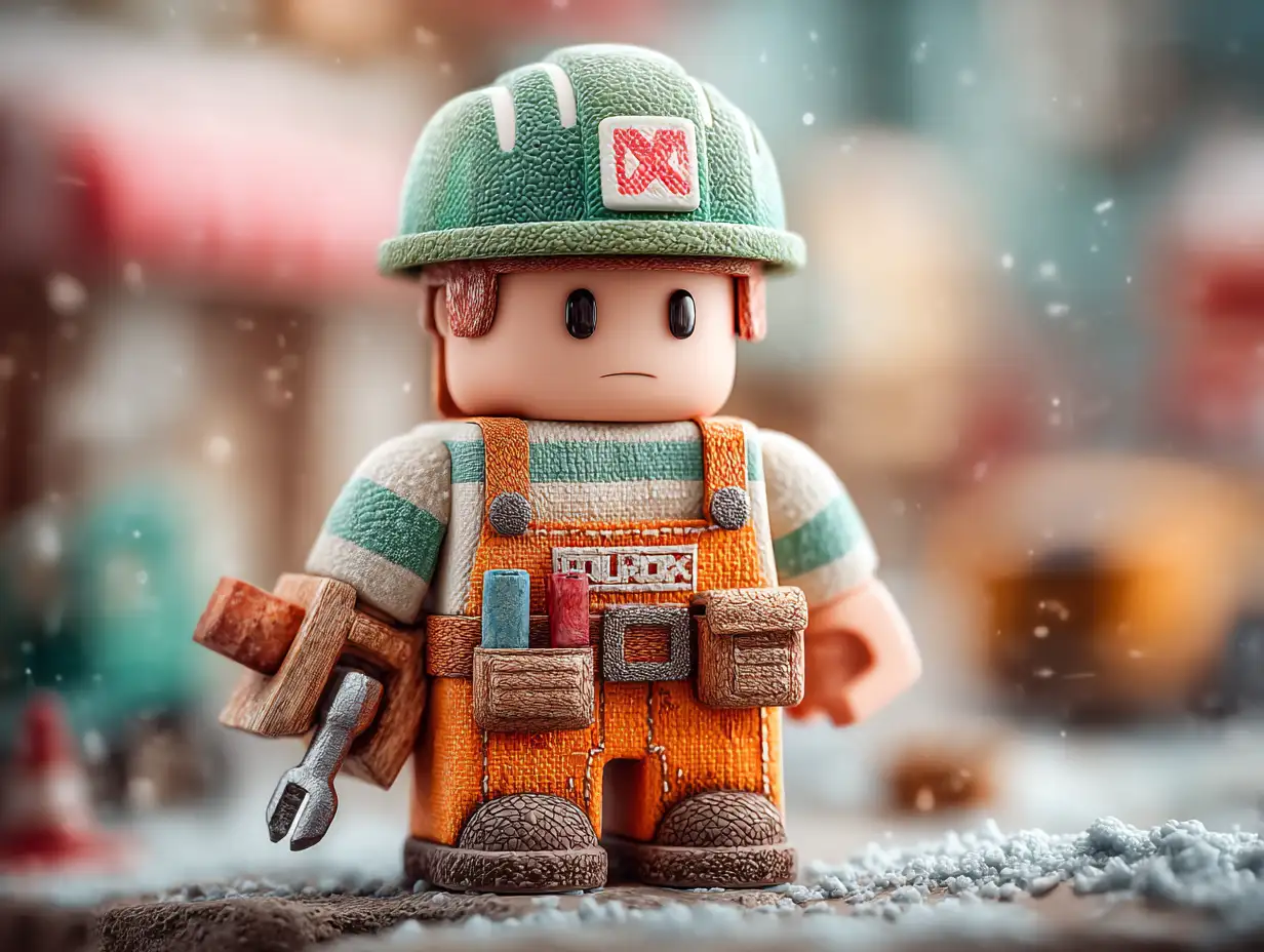 Roblox 方块角色穿着建筑工装,头盔和工具,简单几何,欢快卡通美学,沙盒游戏氛围