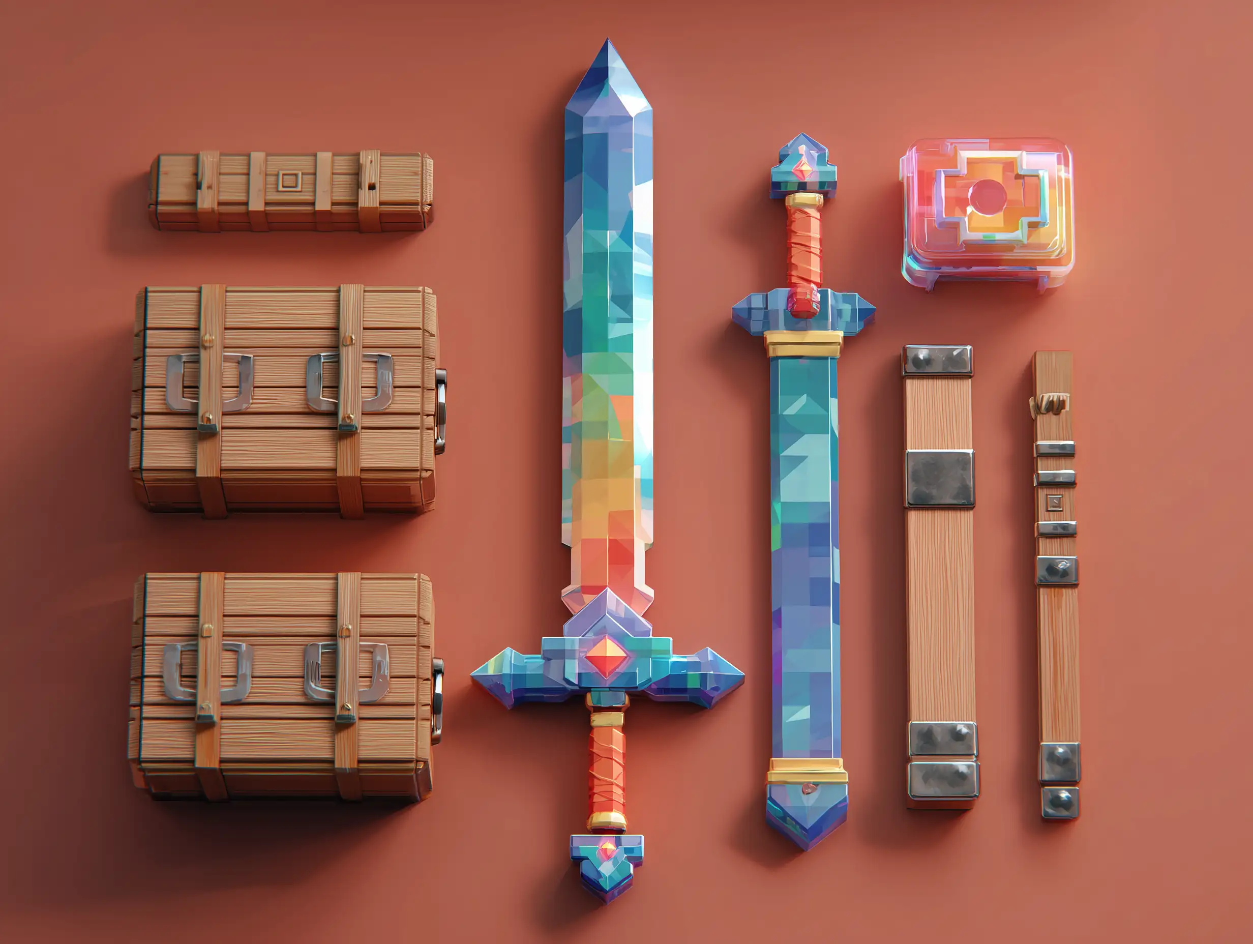 Roblox 风格的游戏物品概念,方块剑和配件,低多边形设计,干净轮廓,明亮活泼色彩,游戏资产风格