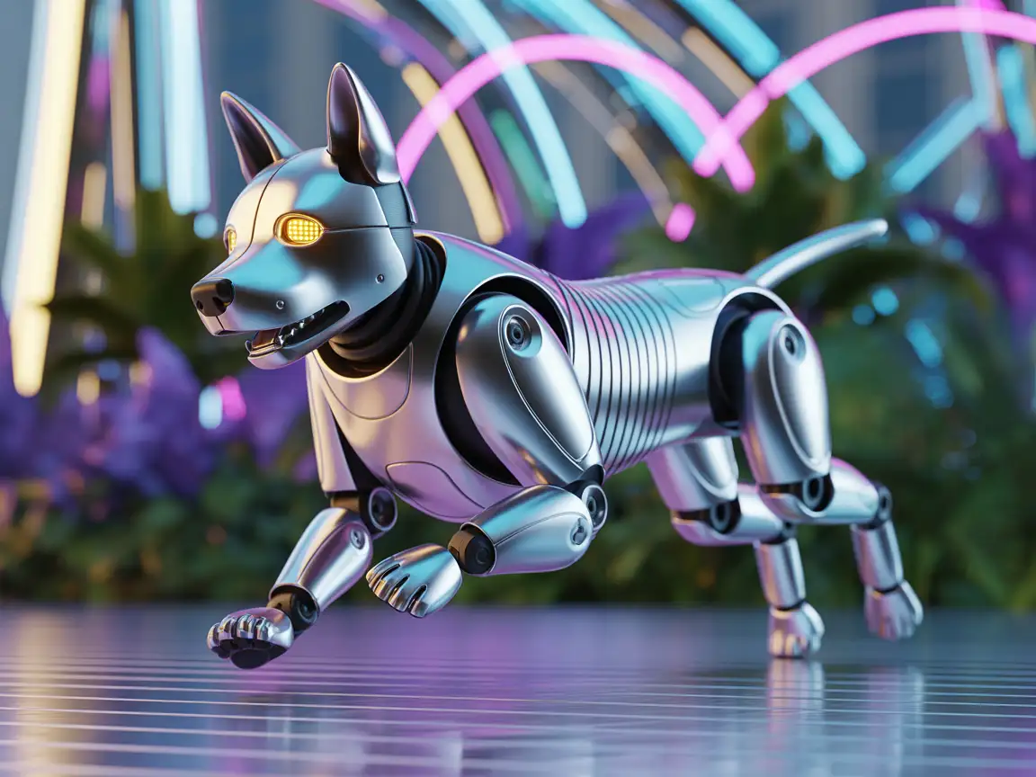 Robotic dog companion running across a futuristic park, fur-like metallic textures, natural lighting.