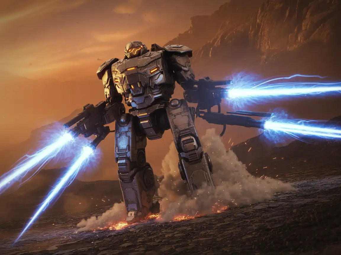 Combat mech firing plasma cannons, sparks and smoke around, highly detailed mechanical parts, cinematic angle.