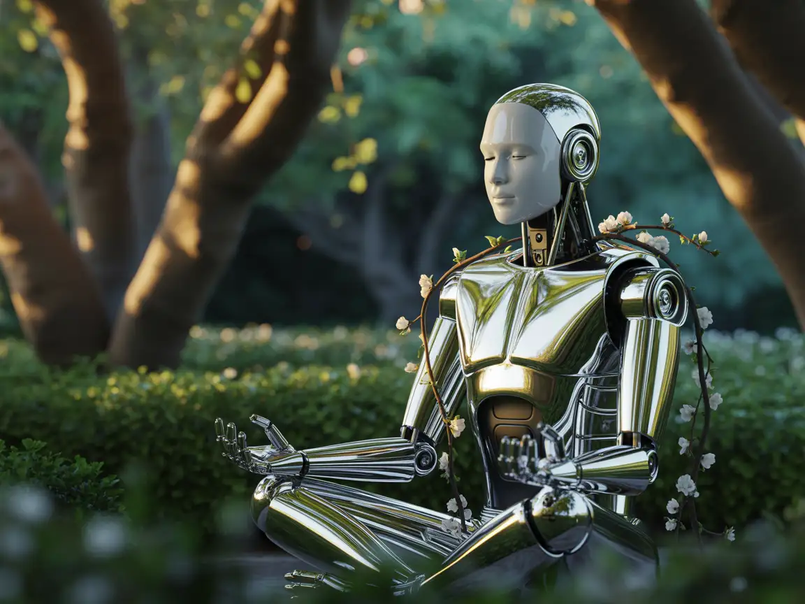 Humanoid robot meditating in a serene garden, sunlight reflecting on polished metal surfaces, photorealistic.