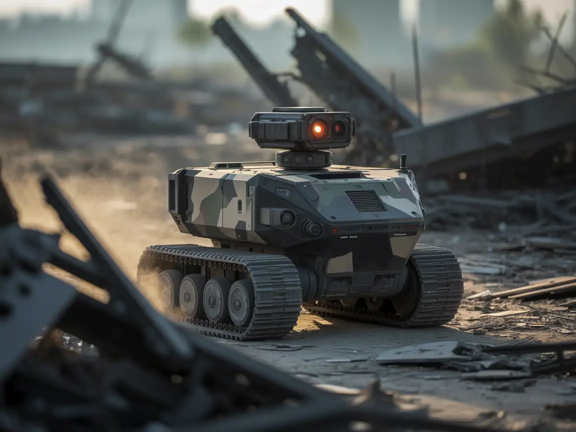 Military reconnaissance robot crawling through rubble, realistic dust and debris, tactical camouflage.