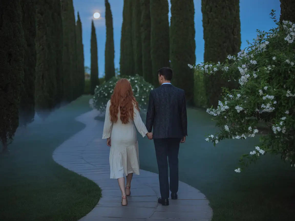 Lovers walking hand-in-hand under the moonlight, through a peaceful garden, with soft light filtering through trees.