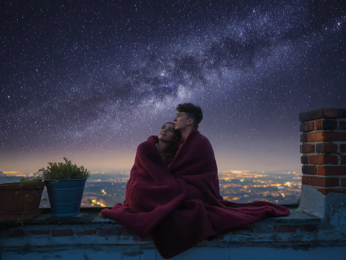A couple stargazing on a rooftop, wrapped in blankets, with a star-filled sky above and city lights below.