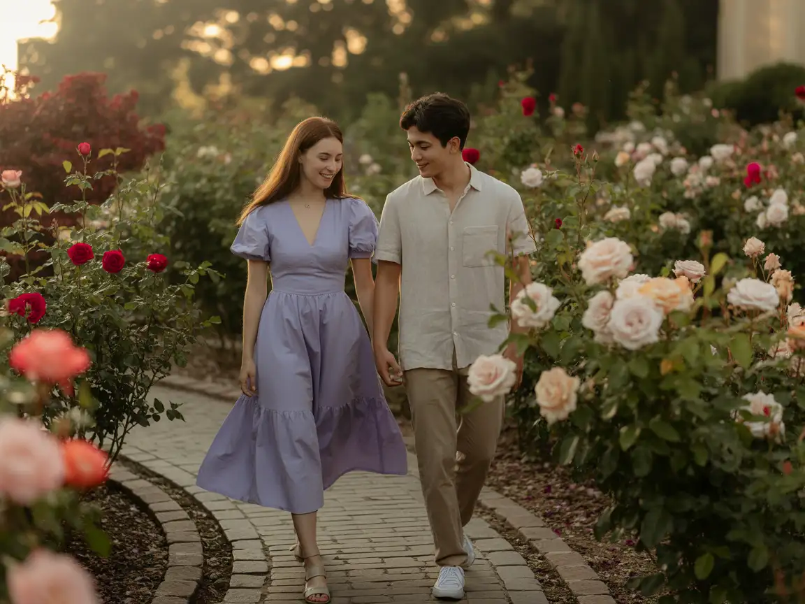 A couple strolling through a flower-filled garden, surrounded by blooming roses and soft sunlight.
