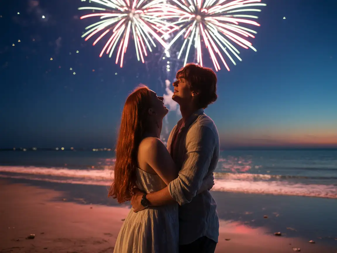 Two lovers standing on a beach at night, watching fireworks light up the sky above them.
