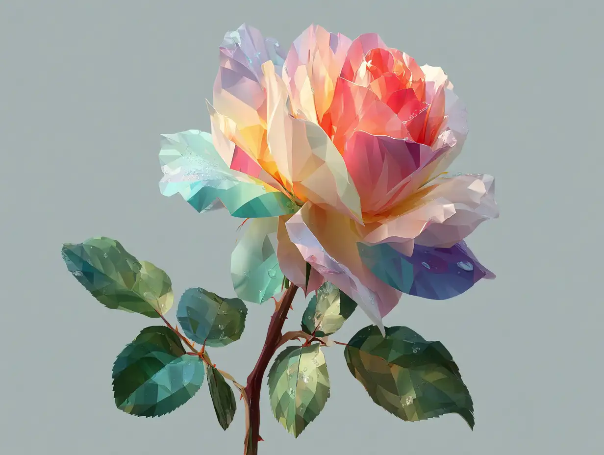 A flat-design vector rose icon made of geometric shapes, clean gradients, modern branding style, soft pastel palette