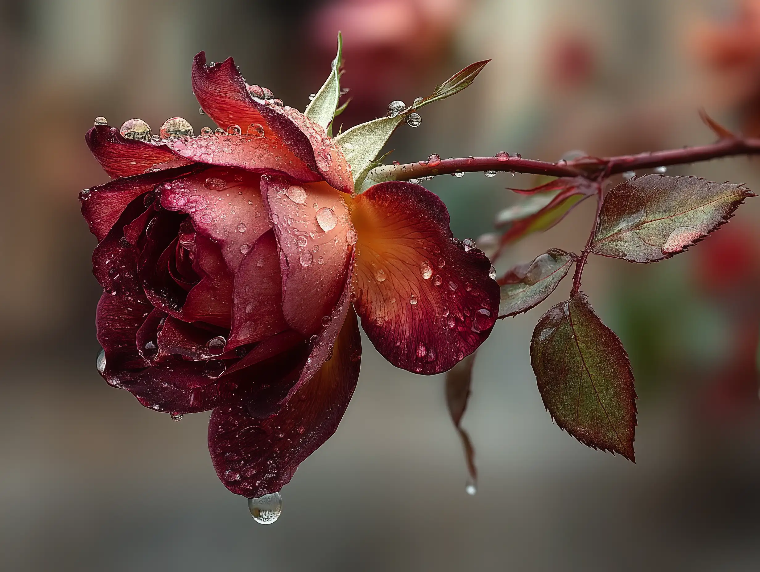 A single deep-red rose in soft morning light, dew droplets on petals, shallow depth of field, hyperreal macro photography, warm and romantic mood