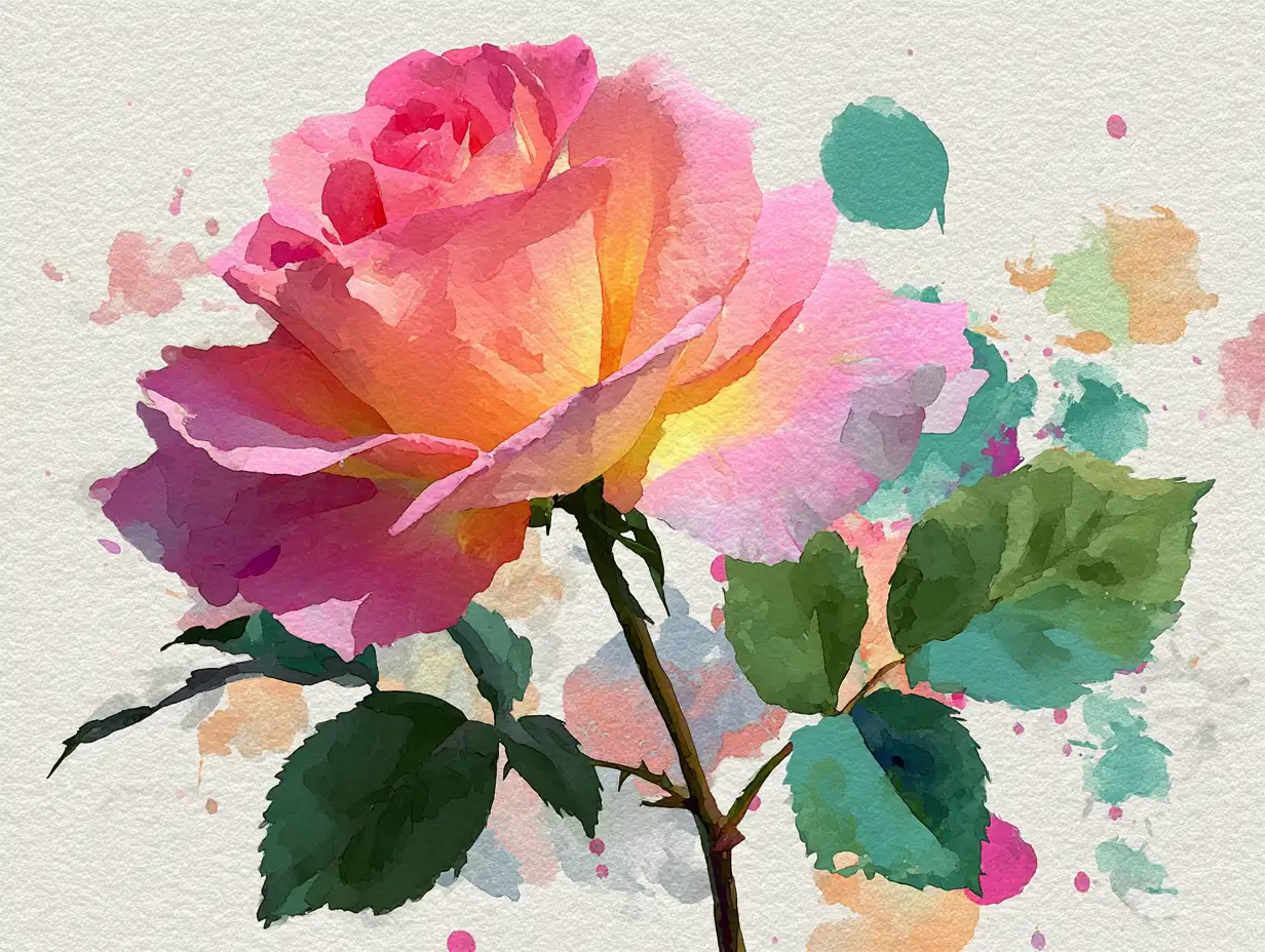 A watercolor-style rose illustration, soft brush textures, pink and peach tones, minimalist composition, artistic feminine mood
