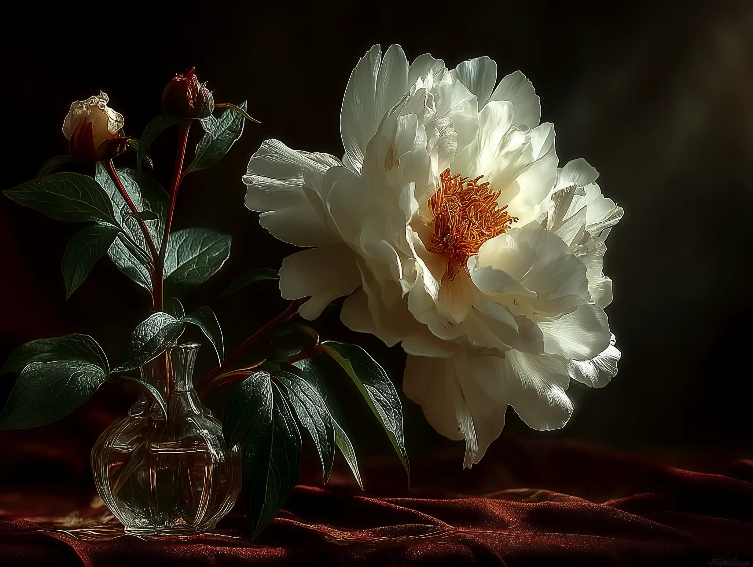 A white rose blooming against a dark velvet backdrop, dramatic spotlight, high contrast, fine-art photography aesthetic
