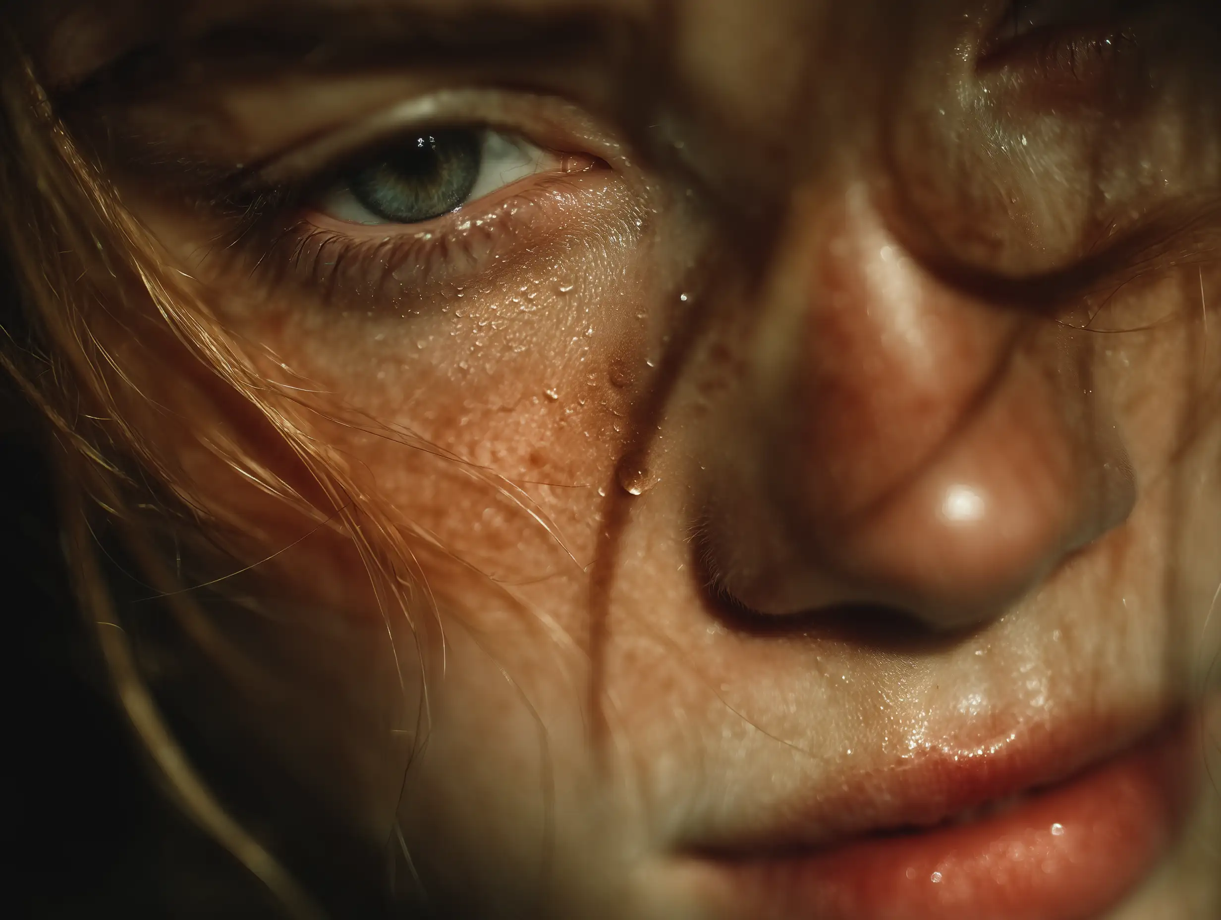 A close-up portrait with a single soft tear illuminated by warm light, minimal styling, emotional yet delicate expression 