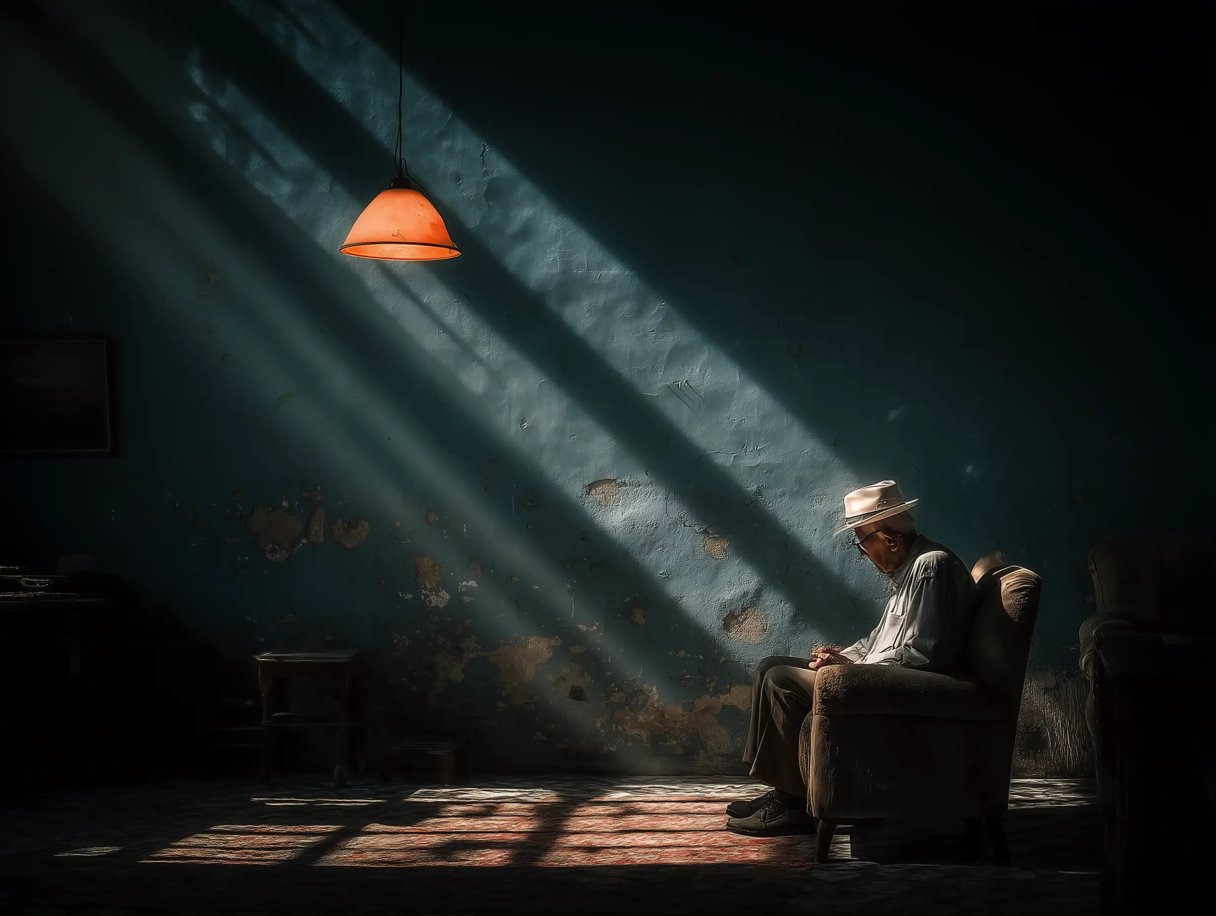 An elderly man sitting alone in a dimly lit room, warm light from a single lamp, nostalgic sadness, emotional wrinkles, soft shadow textures, reflective atmosphere