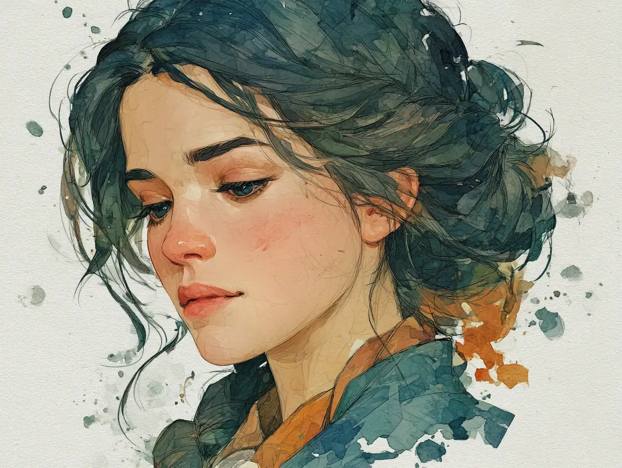 A delicate watercolor-style portrait of a girl with a subtle sad expression, pastel colors, flowing brush textures, poetic and gentle mood