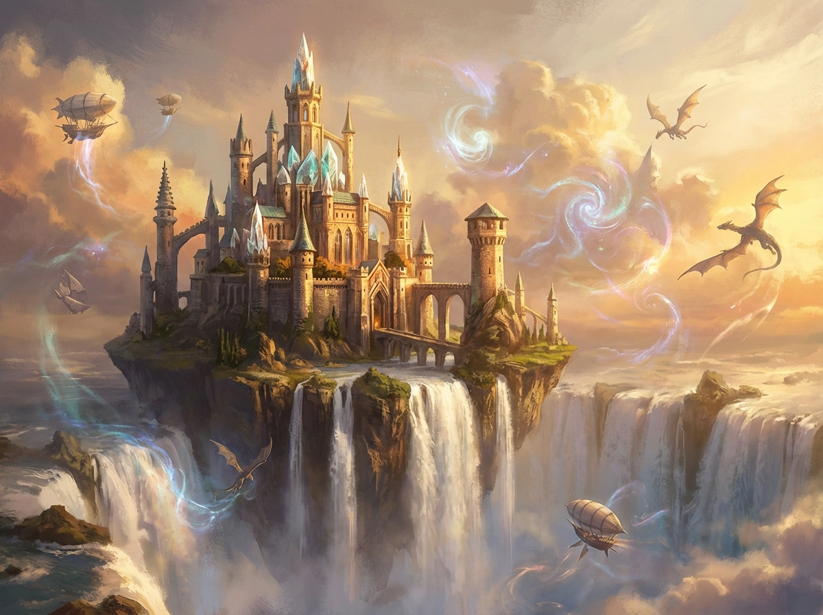 Château fantastique majestueux perché sur une île flottante, chutes d'eau en cascade, éclairage heure dorée, nuages éthérés, atmosphère magique, style peinture matte détaillée.