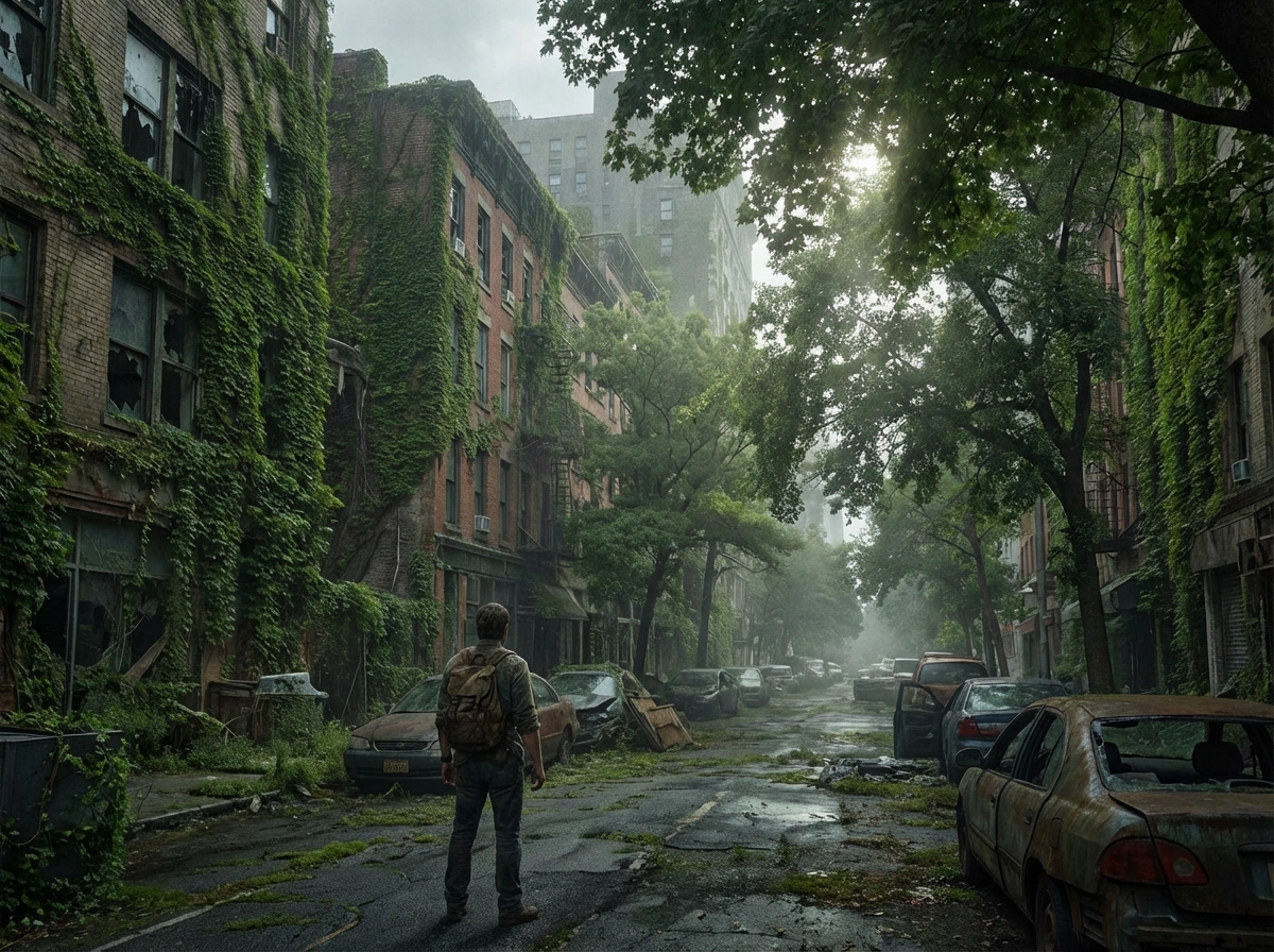 Rue urbaine envahie post-apocalyptique, la nature reprenant l'architecture, soleil perçant à travers les vignes, atmosphère sombre, textures détaillées, plan cinématographique comme The Last of Us.