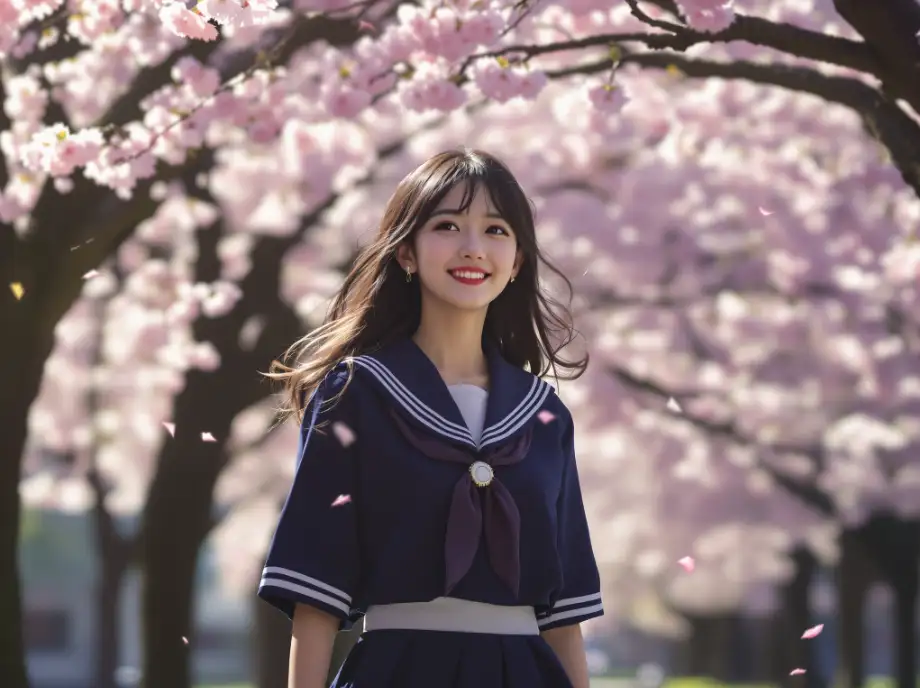 Beautiful high school girl walking beneath full-bloom cherry blossom trees, soft petals drifting in the breeze, wearing a navy sailor uniform, light smile, sunlight filtering through branches, cinematic soft focus, ultra-realistic style.