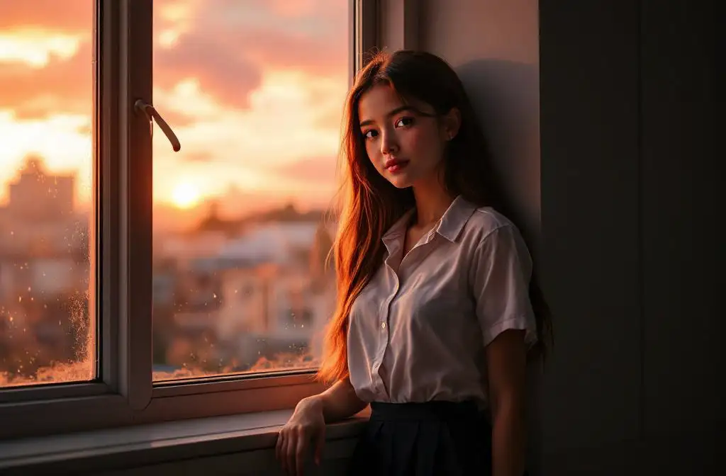 Dreamy schoolgirl leaning against a classroom window, soft pink and orange sunset sky behind her, hair glowing in the sun, white shirt and dark skirt, shadows and light creating a warm, reflective mood, ultra-realistic portrait.