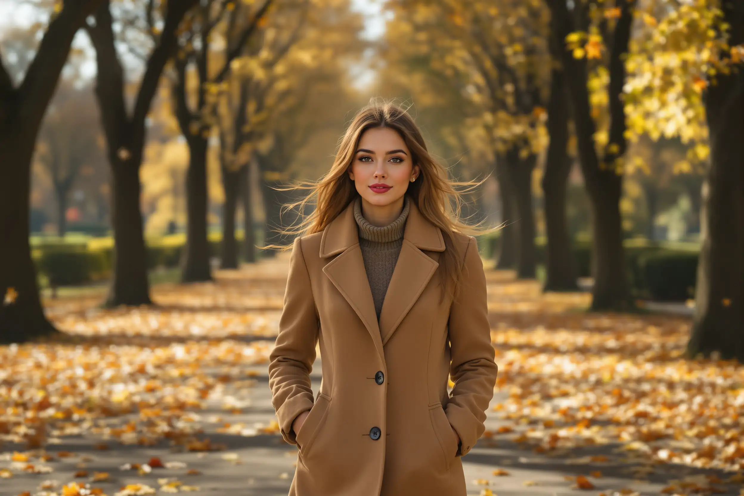 Autumn park charm Model walking through a tree-lined avenue with falling leaves, fitted coat highlighting her form, natural confident pose, soft sunlight filtering through branches, cinematic outdoor portrait, ultra realistic, 8K.