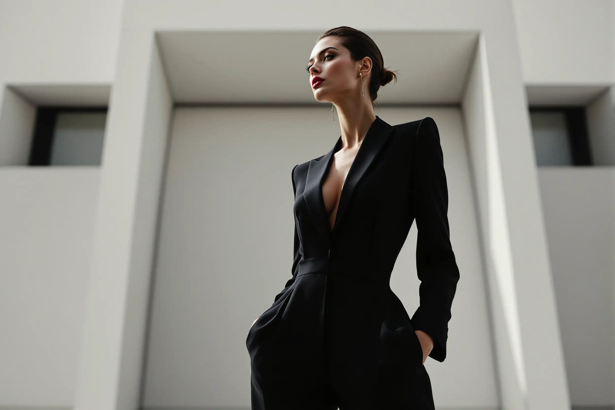 Modern fashion silhouette Figure in a tight tailored jumpsuit, standing in front of a minimalist architectural background, strong natural light creating elegant contrast, high-fashion editorial vibe, ultra realistic, shallow depth of field.