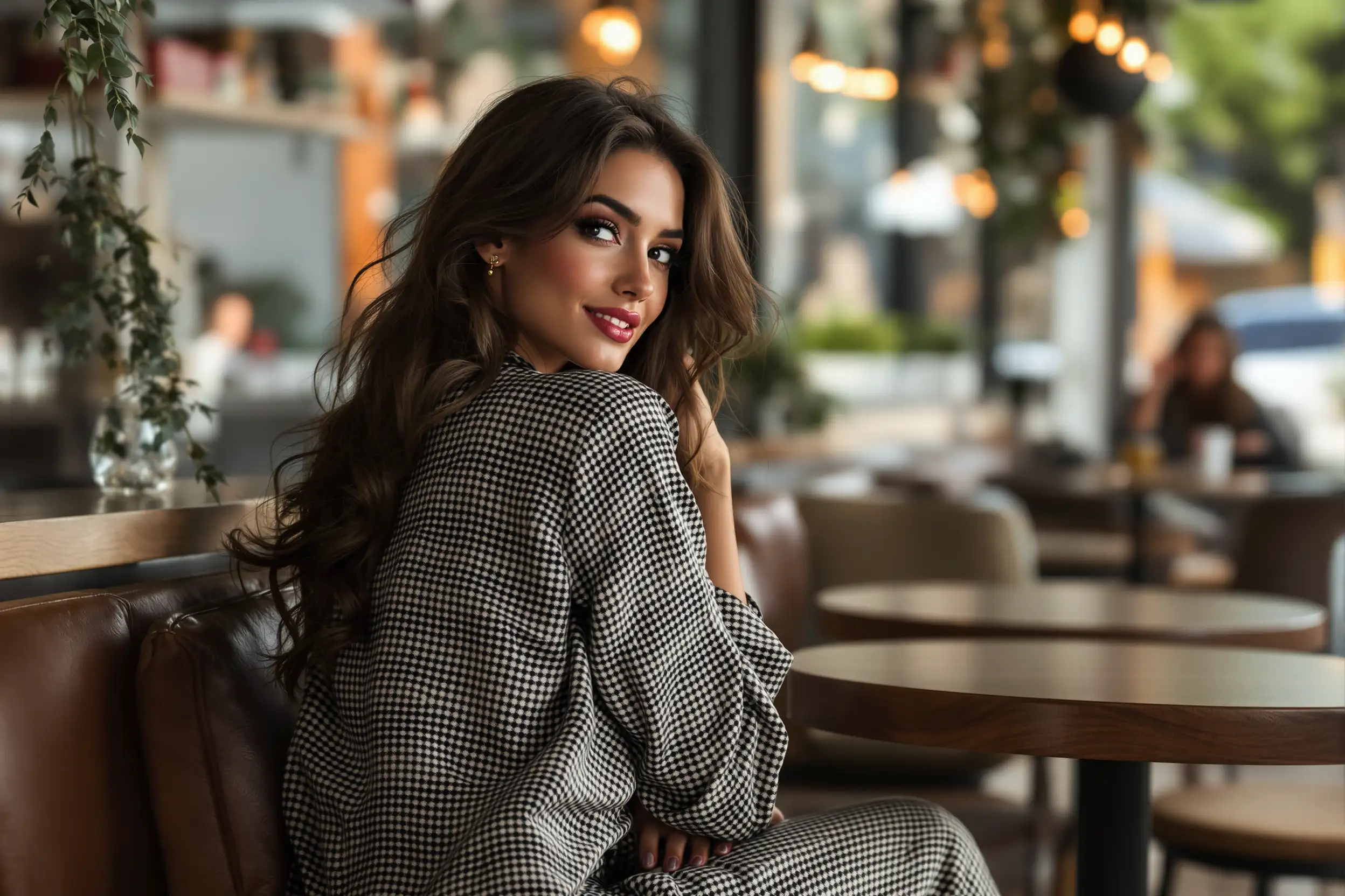 “A stylish young woman sitting at a trendy café, looking over her shoulder with a playful and seductive smile, natural daylight, photorealistic textures, fashionable outfit emphasizing elegance and curves”