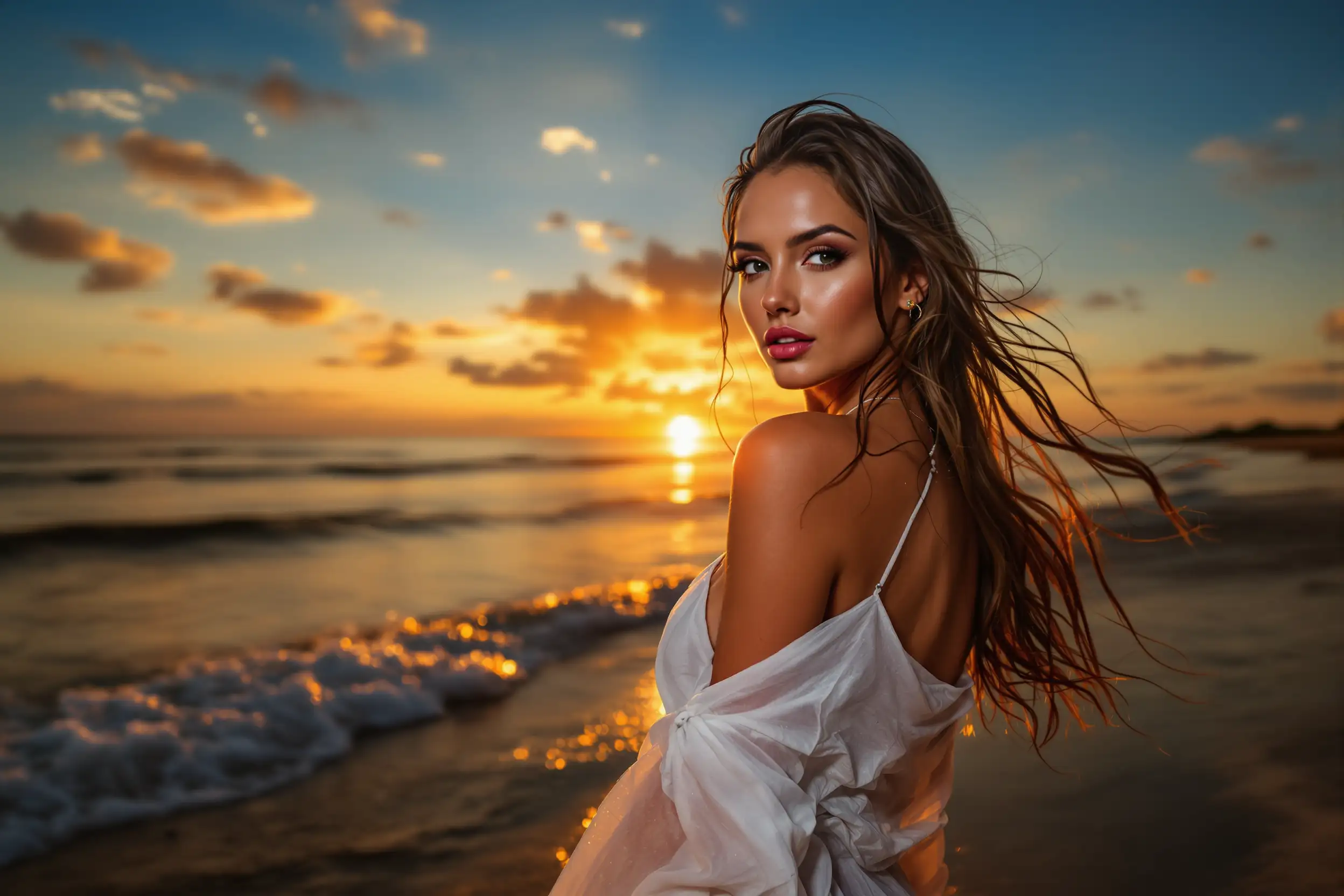 “Beach sunset goddess” Sexy girl with sun-kissed skin, long wet hair, white sheer beach dress fluttering in the wind, warm orange sunset, ocean behind her, glowing highlights on her skin, serene yet alluring expression, cinematic lens flare.