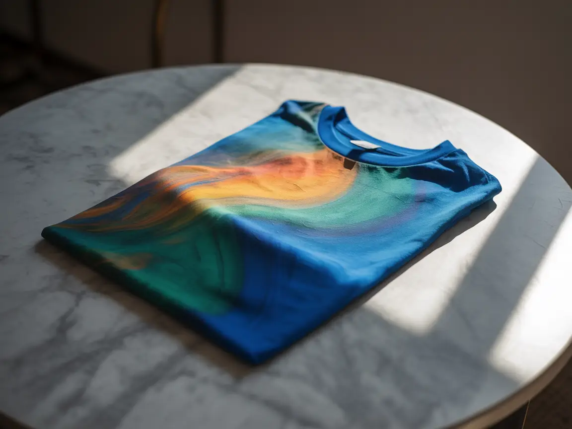 folded t-shirt with colorful abstract print on marble table, fashion flat lay