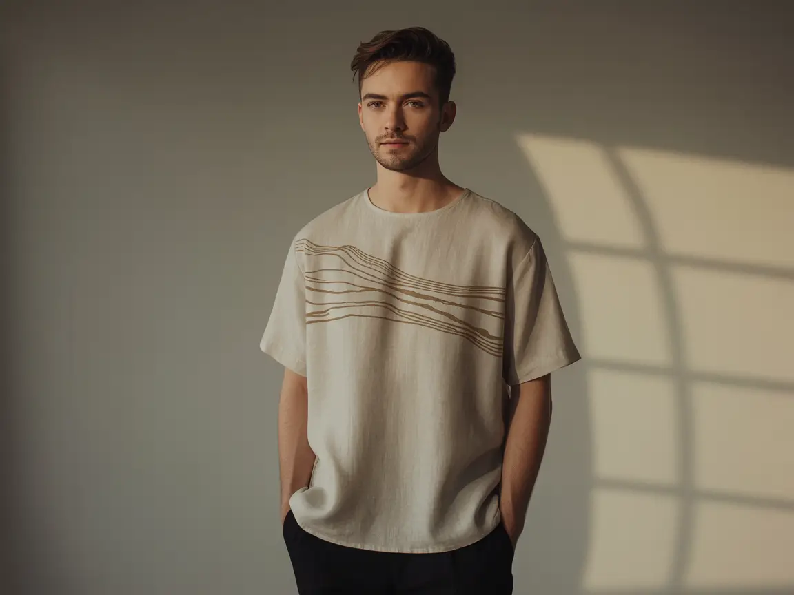 male model in beige t-shirt featuring single-line abstract art, neutral background, soft light