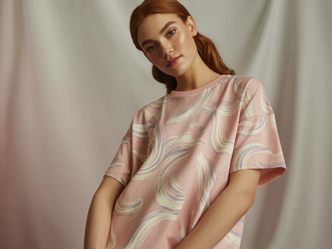 female model wearing pastel t-shirt with elegant brushstroke pattern, fashion magazine lighting