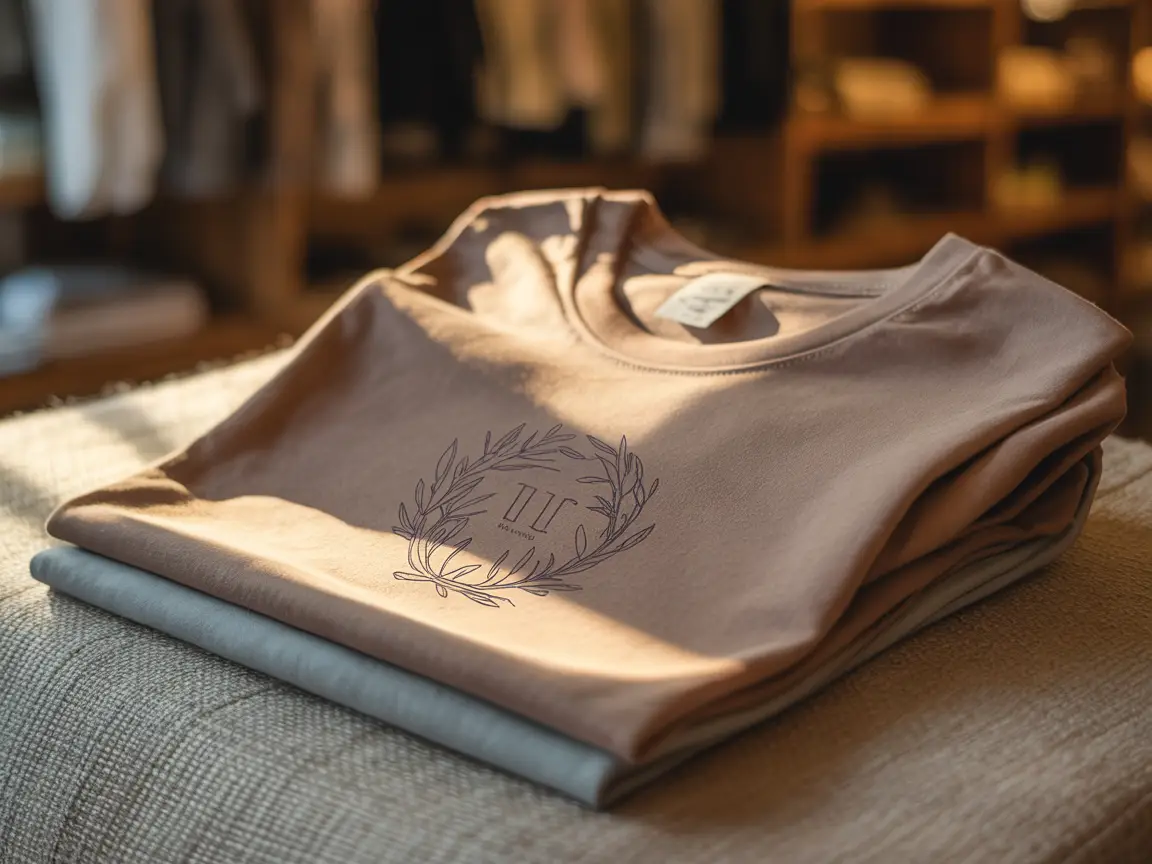 neutral-toned t-shirt with aesthetic logo print, boutique interior lighting