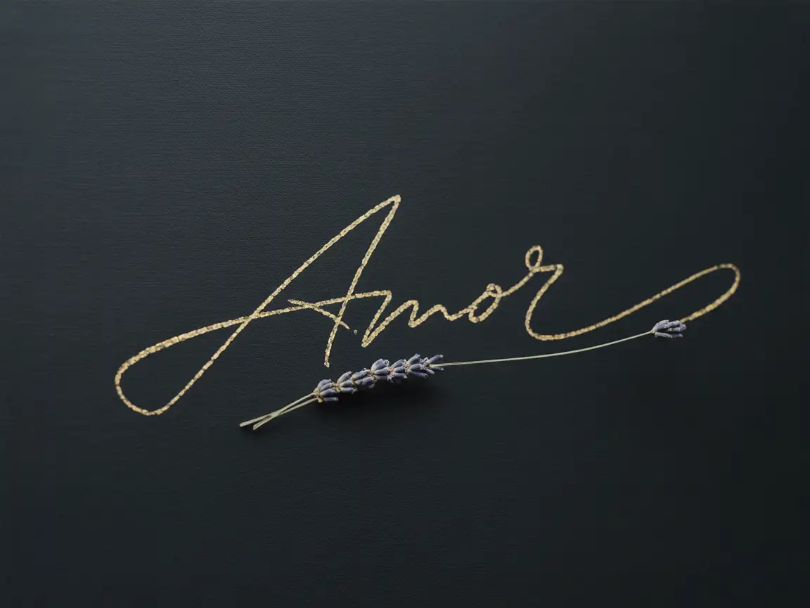 Elegant handwritten signature in flowing cursive style, gold ink on dark textured background, premium minimalistic aesthetic.