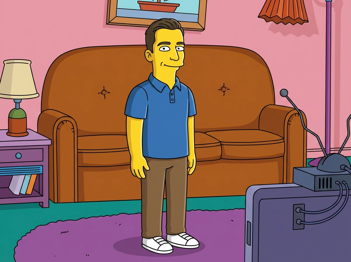 A classic Simpsons-style character of a man with yellow skin, wearing a blue polo shirt and white sneakers, standing in front of the iconic brown couch, bold black outlines, Matt Groening style. 