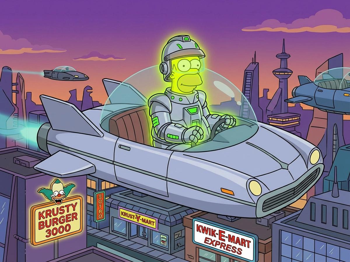A futuristic "Simpsons in the year 3000" character, glowing neon yellow skin, metallic robot suit, flying car in the background, classic Matt Groening line art.