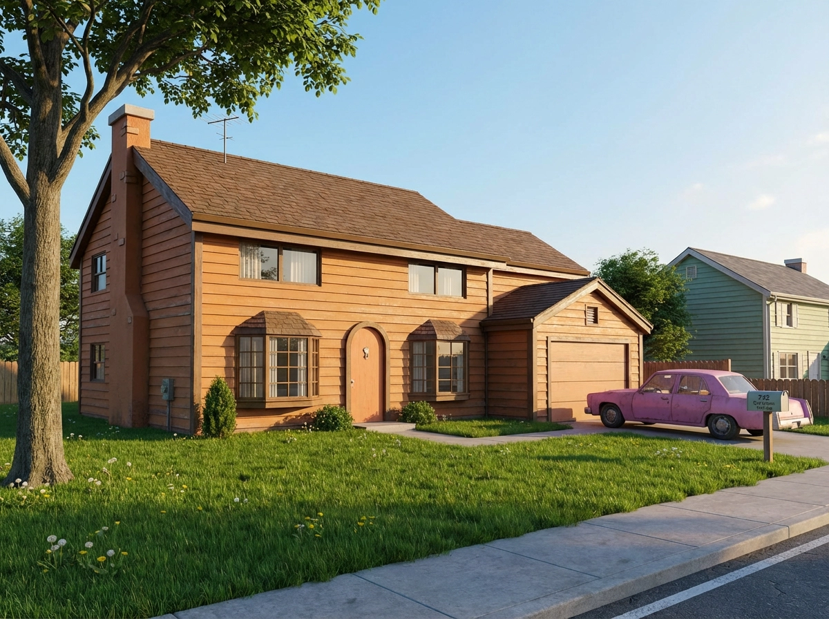 Realistic 3D cinematic version of the Simpsons house, lush green lawn, bright blue sky, soft 3D lighting, keeping the iconic cartoon proportions but with realistic textures.