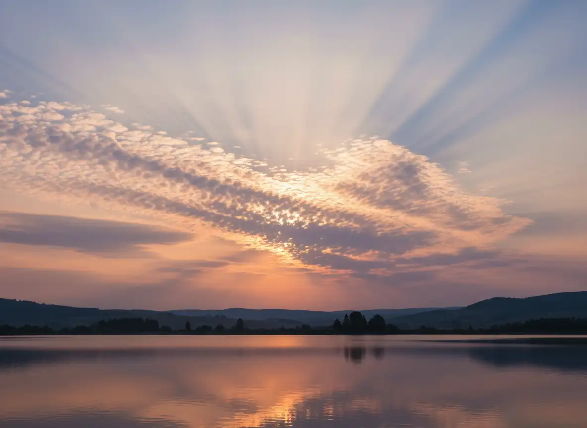 Weicher Pastellhimmel mit flauschigen Wolken, ruhige Atmosphäre, sanftes Licht, minimalistischer und friedlicher Illustrationsstil