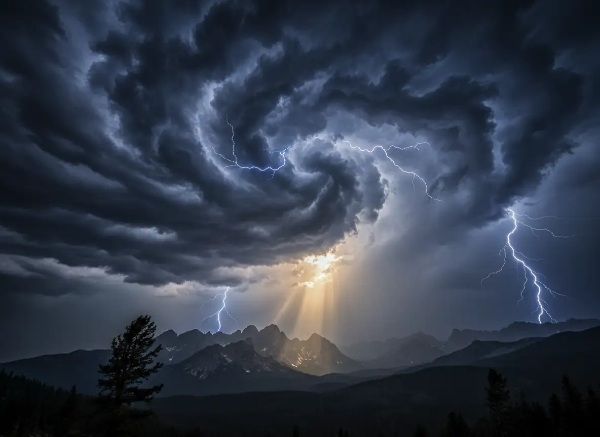 Hyperrealistischer Gewitterhimmel mit dunklen Wolken, dramatisches Licht, kräftiger Kontrast, filmischer Realismus