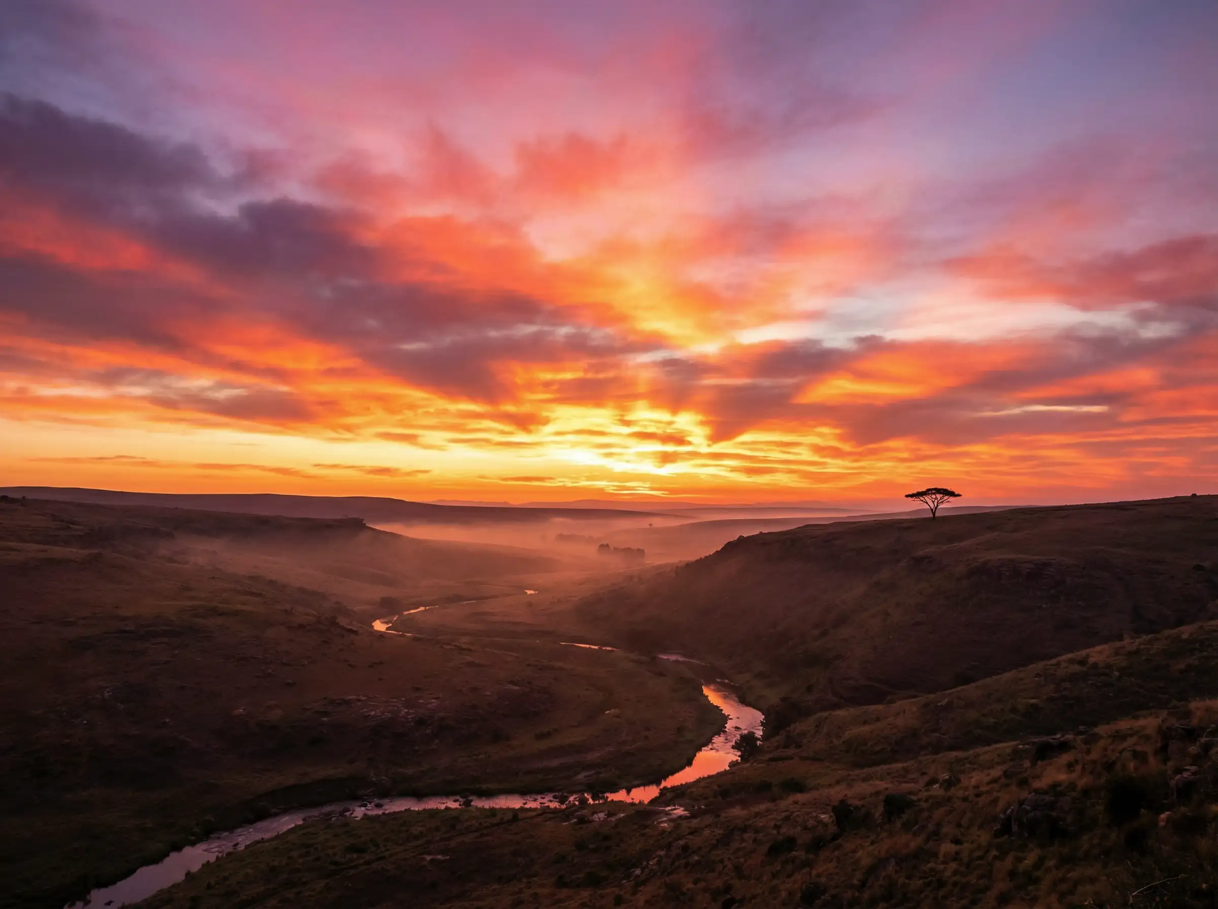Bunter Sonnenaufgangshimmel mit goldenen Lichtstrahlen, leuchtenden Wolken, weitem offenen Horizont, inspirierender Landschaftsansicht