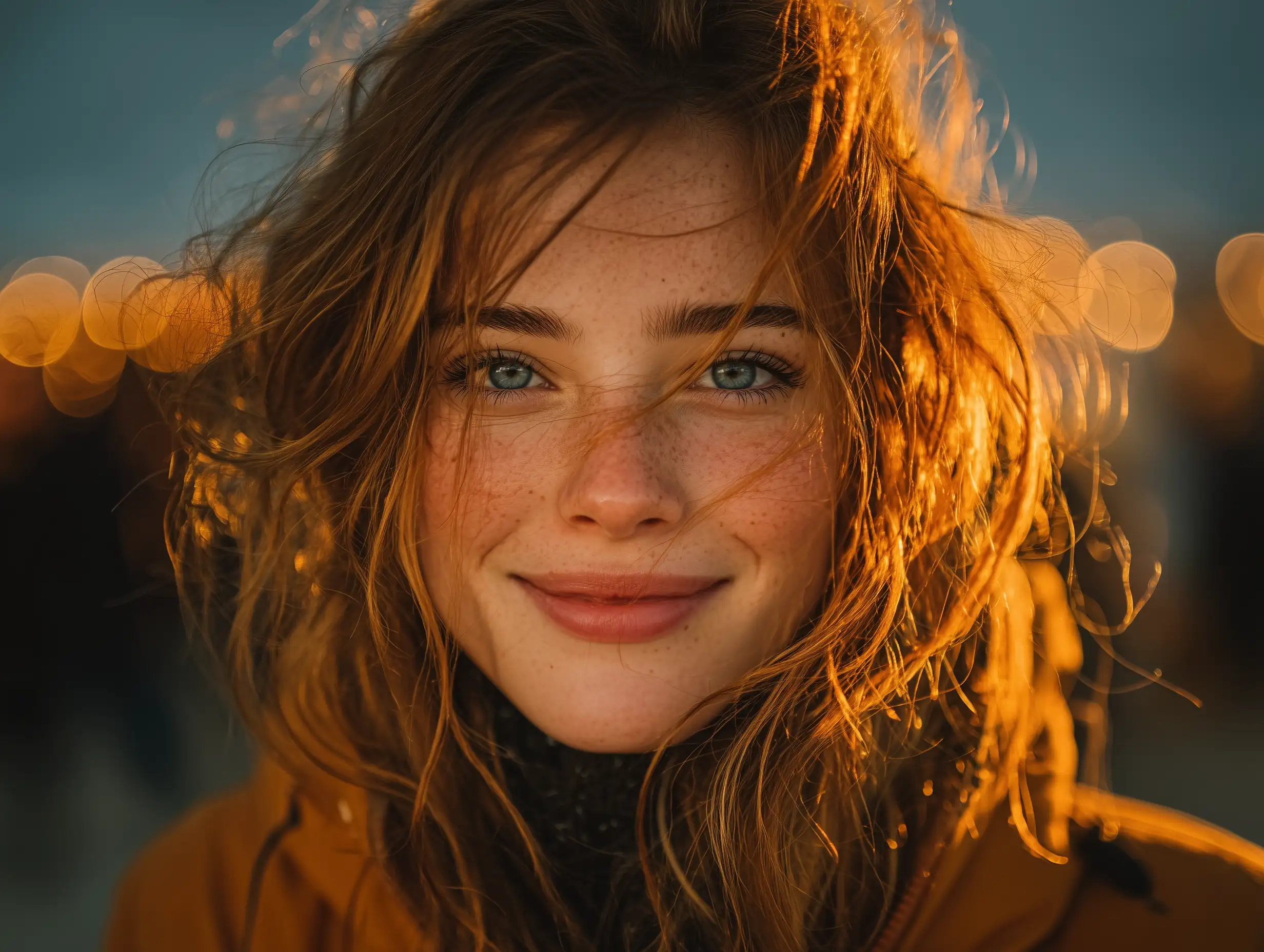 A young woman smiling under soft sunset light, hair glowing in the golden rays, cinematic bokeh background, natural warmth and emotional realism