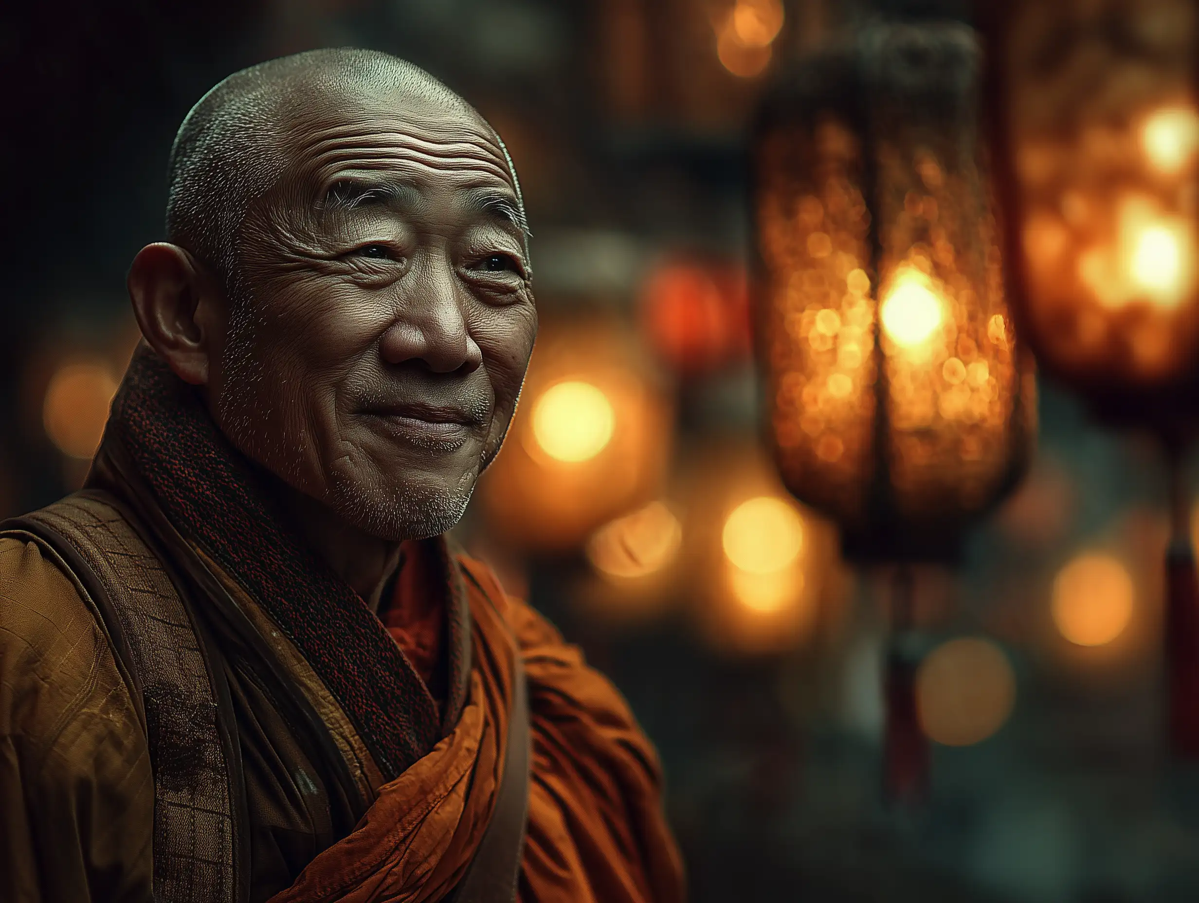 Elderly monk smiling serenely under temple lanterns, golden light, calm expression, deep spiritual harmony