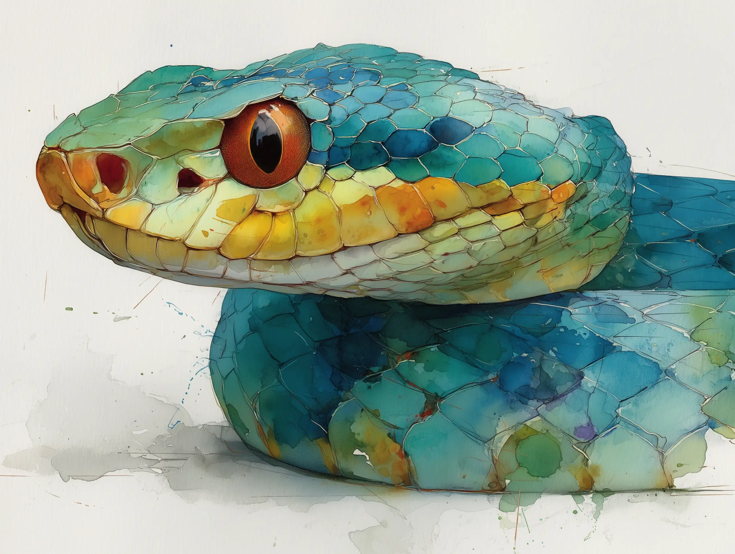 Watercolor-style drawing of a gently curved snake, soft bleeding pigments, pastel green and blue tones, delicate artistic look