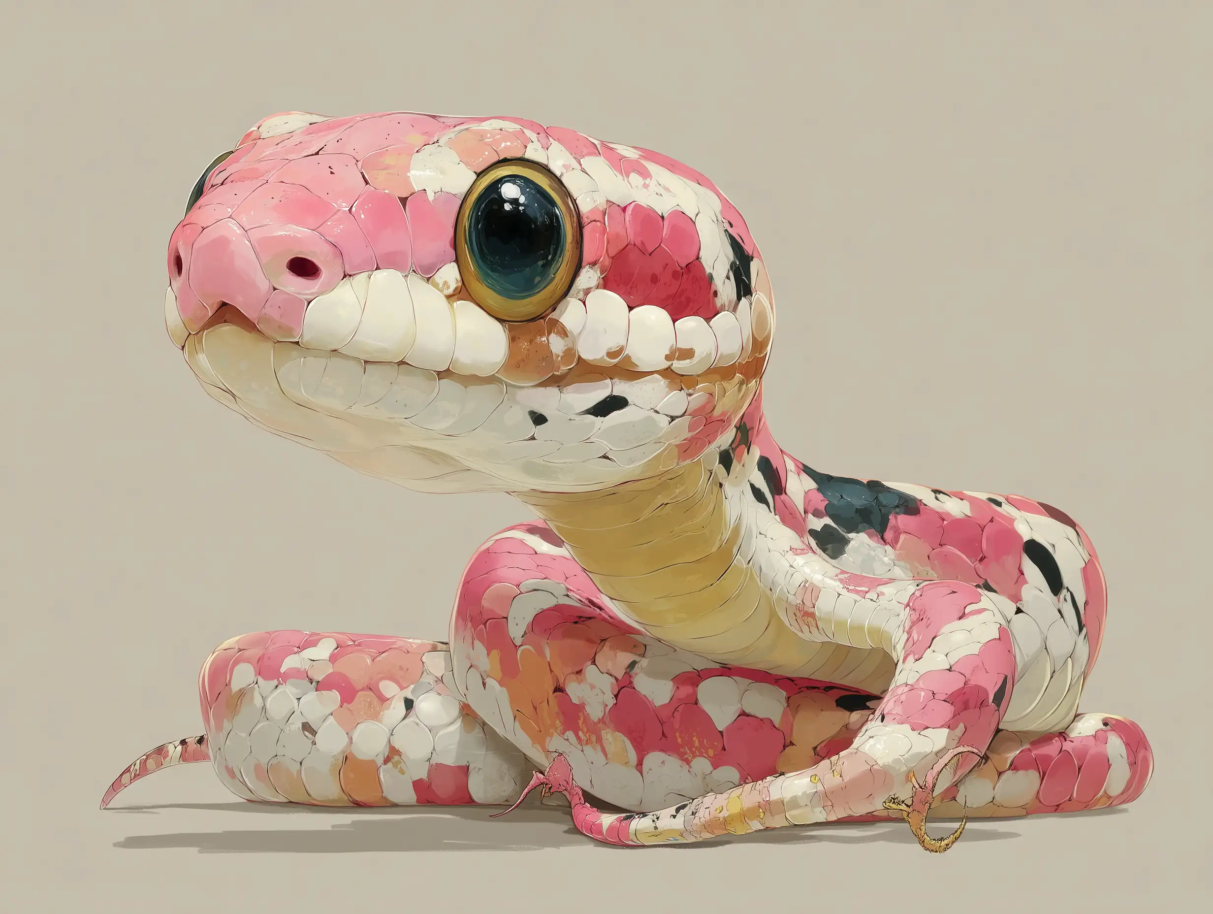 Cute cartoon-style snake with round eyes and soft shapes, thick outlines, friendly expression, pastel colors optional, kids illustration style