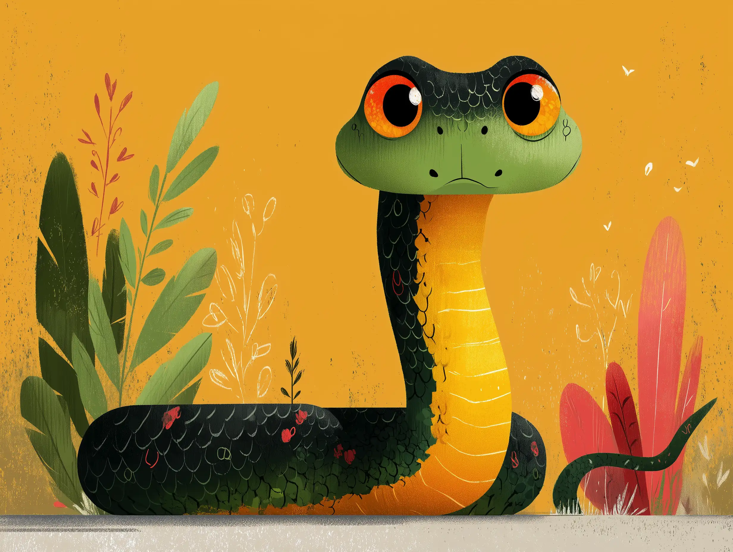 Simple thick-outline drawing of a smiling snake, big friendly shapes, clean white background, perfect for coloring pages